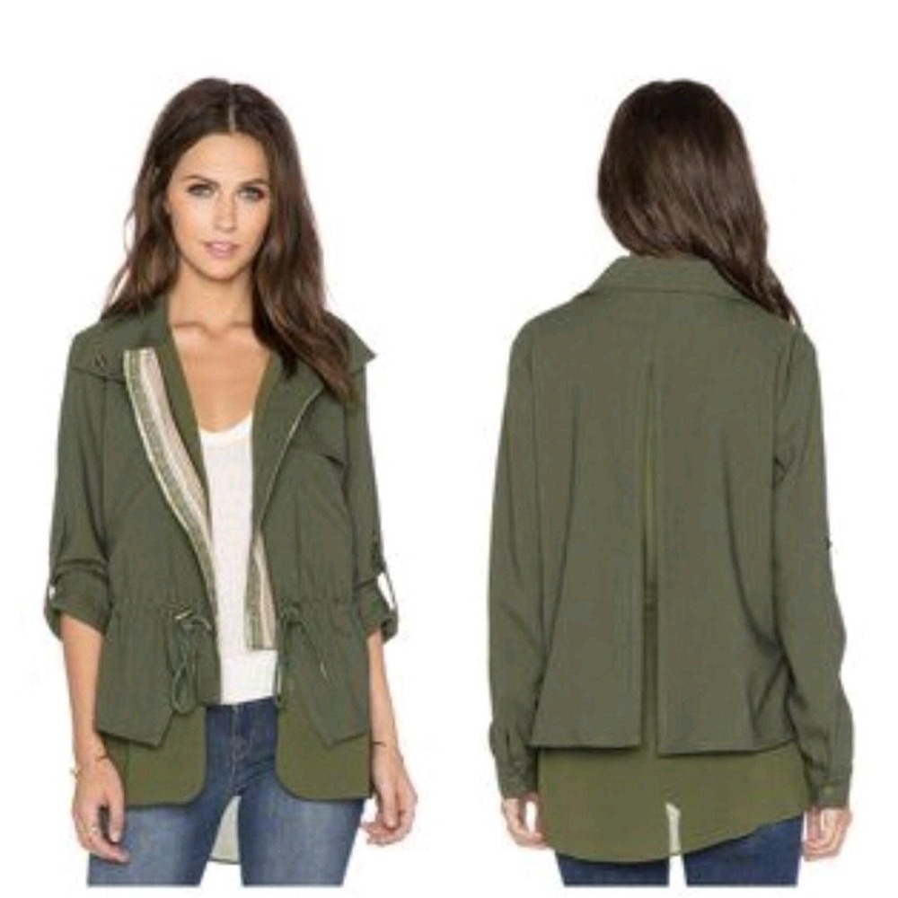 Greylin Embroidered Anorak Olive Drawstring Jacket Womens Size S Boho